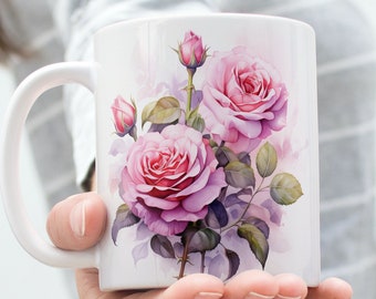 Pink Rose Mug, Floral Flower Mug, Valentine's Day Mug, Pink Rose Teacup, Botanical Mug Floral Decor Gift for Girlfriend Mom Wife