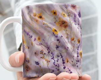 Lavender Fields 3D Floral Mug, Boho Wildflowers, Cottagecore Coffee Mug, Pressed Flowers Mug, Pastel Floral nature Mug, Wildflower Tea cup,