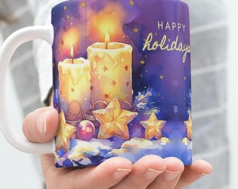 Mug en céramique, verres pour bougies de Noël, tasse à thé et à café pour les fêtes de fin d'année, bougie chaleureuse, tasse de Noël confortable, tasse cadeau des fêtes,