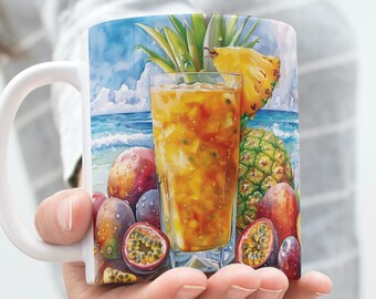 Pineapple and Passion Fruit Smoothie Mug, Colorful Fruit Theme Mug, Fruit Drinkware Garden Lover Gift, Trending Gift, Mango Gift, Fruit Gift