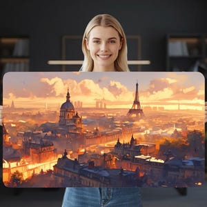 パリのデスクマット、エッフェル塔マウスパッド、水彩画風ゲーミングデスクマット、ロマンチックなパリのデスクセットアップ、風景オフィス装飾、拡張マウスパッド