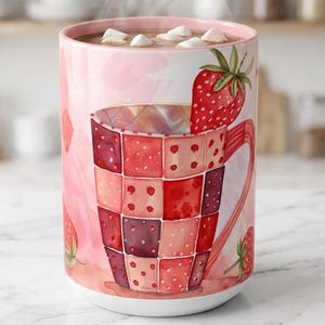 Peut inclure: Un mug en céramique avec un fond aquarelle rose et un motif de mug style patchwork dans des tons de rouge et de rose. Une grosse fraise rouge est posée sur le bord, et le mug est rempli d'un liquide sombre surmonté de guimauves blanches.