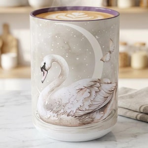 Elegant Swan Mug, Celestial Swan Coffee Cup, Cottagecore Bird Mug, Moonlit Swan Art, Neutral Floral Tea Cup, Gift for Mom, Mothers Day Gift