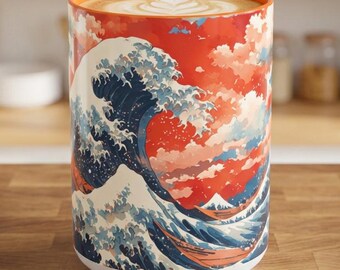 Hokusai Wave Mug, Japanese Art Coffee Cup with Red Sky, Ideal Gift for Art Lovers, Ceramic Tea Mug, Artistic Drinkware, Great Wave Cup, Bold
