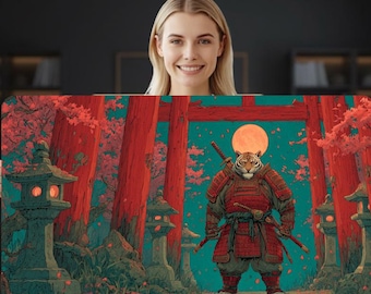 Samurai Tiger Schreibtischmatte, Japanische Krieger-Mausunterlage, Moonlit Tiger Gaming Schreibtischmatte, Fantasy Japanische Kunst-Arbeitsbereichsdekoration, erweiterte Mausunterlage