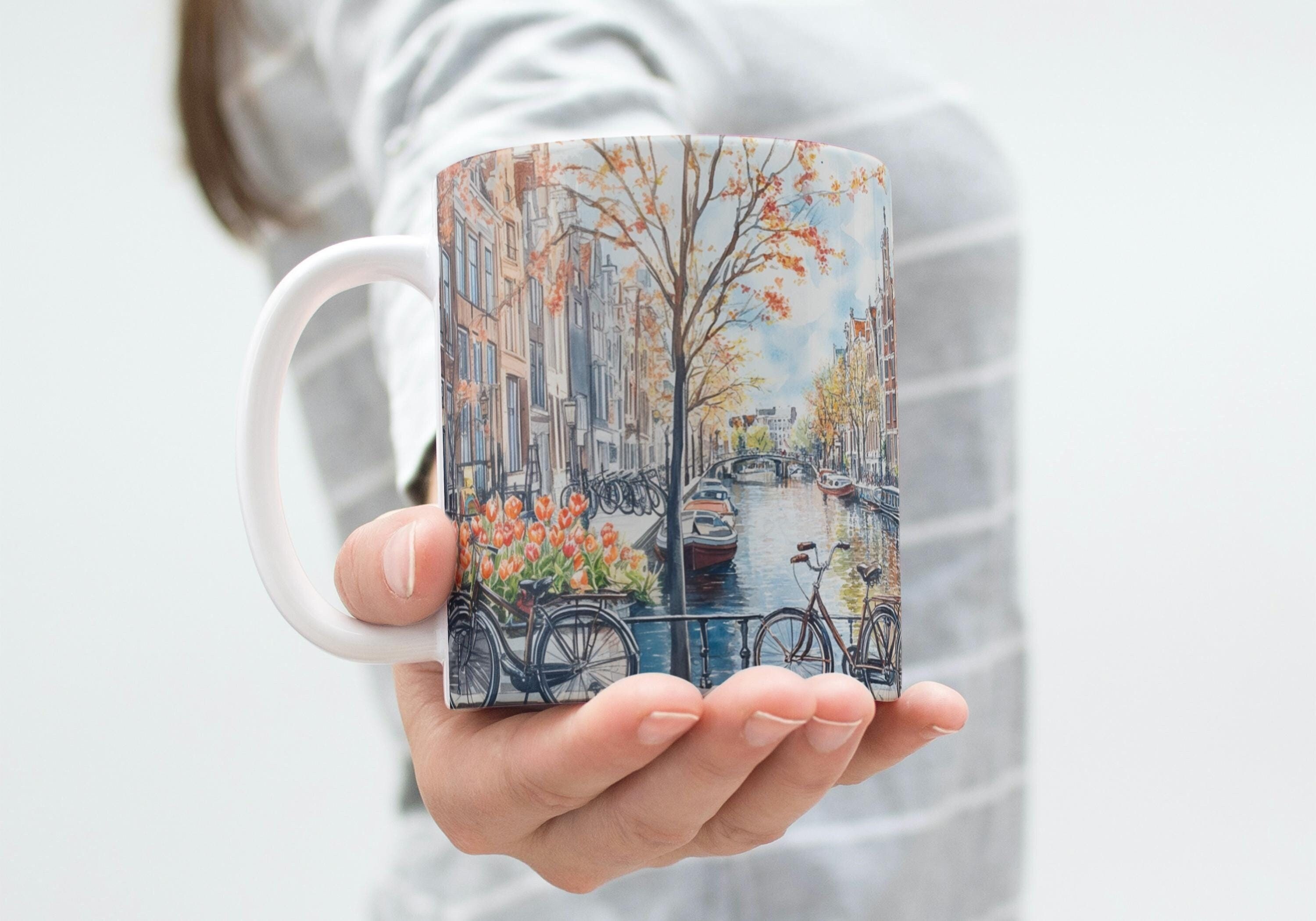 Amsterdam Serenity Watercolor Canal View Mug, Netherlands Gift, Travel Gift, World Globe, Travel Destinations, Holland Painting, Dutch Gifts