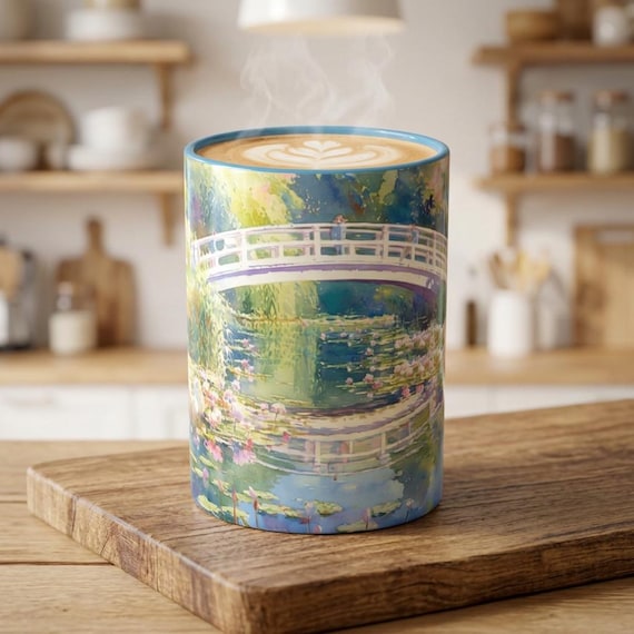 Water Lily Bridge Mug - Monet-Inspired, Artistic Coffee Cup, Ideal Gift for Art Lovers, Impressionist Nature Design, Tranquil Garden Vibes,