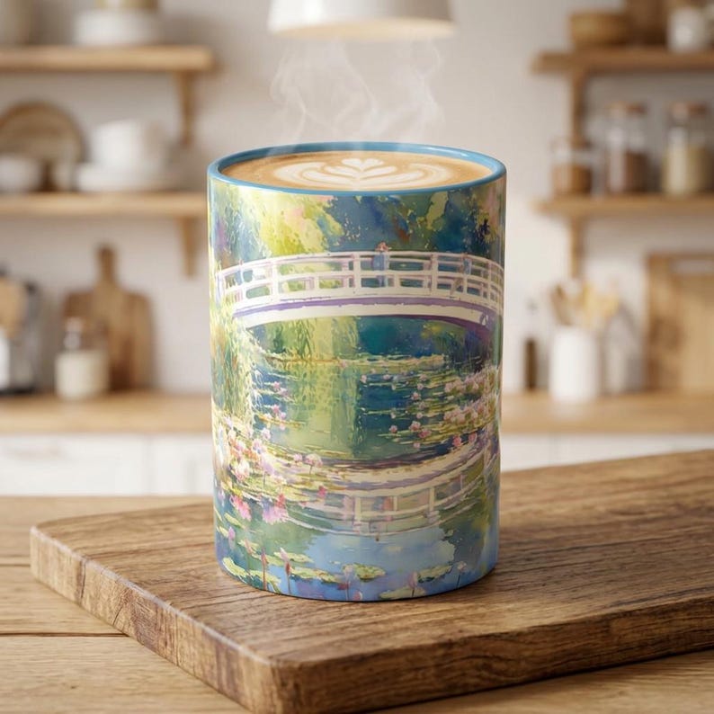 May include: A cylindrical ceramic mug featuring a colorful impressionist-style painting of a white arched bridge over a pond with water lilies. The mug is filled with a hot beverage topped with latte art, and steam rises from the top rim.