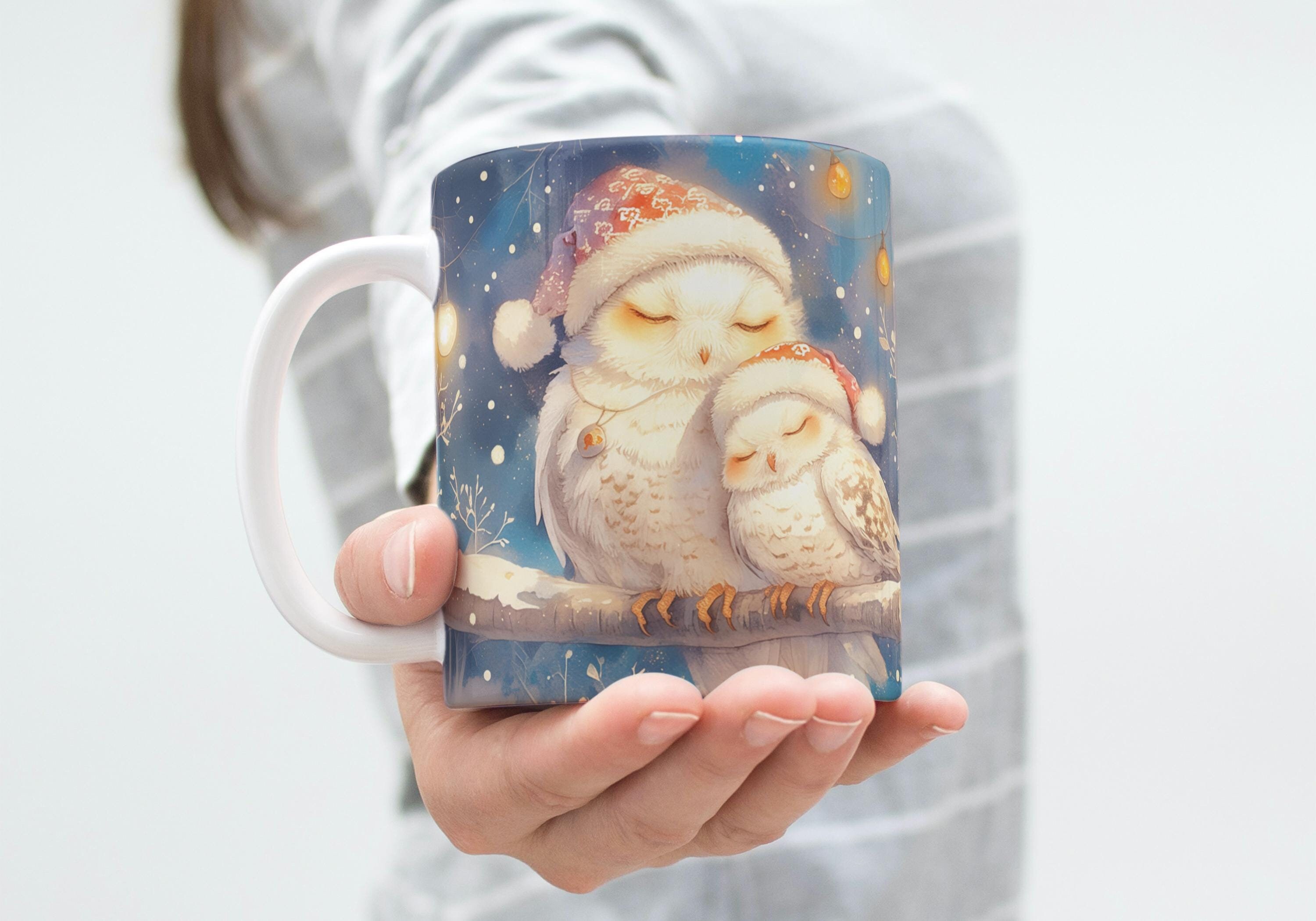 Christmas Owls Mug, Adorable Holiday Coffee Cup, Festive Owls in Santa Hats, Perfect Christmas Gift,