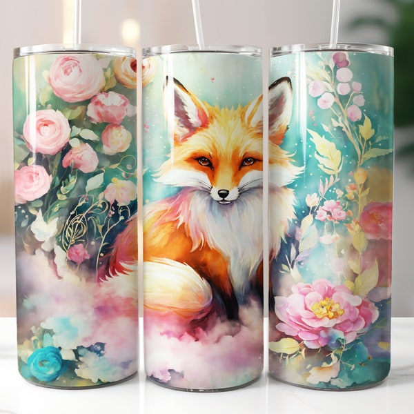 Cute watercolor fox  20oz Tumbler Sublimation Wrap,Fox pink Flowers tumbler png,Boho gold plants Wild animal Watercolor fox tumbler png