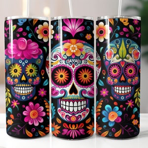 40 oz Tumbler with Handle - Sugar Skull and Roses Full Wrap Pattern