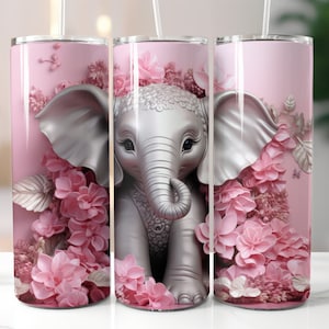 3 Baby Pink Elephant Tumbler, 20oz Skinny Tumbler Sublimation Design, Baby Elephant Sublimation Tumbler, Elephant Tumbler Wrap PNG