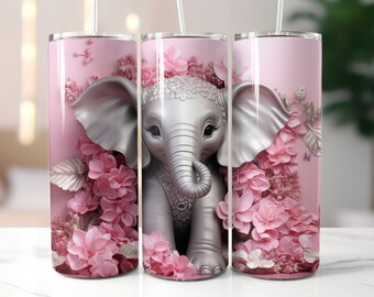 3 Baby Pink Elephant Tumbler, 20oz Skinny Tumbler Sublimation Design, Baby Elephant Sublimation Tumbler, Elephant Tumbler Wrap PNG