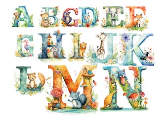 Watercolor Alphabet Nursery Wall Art, Watercolor Woodland Animals,ABC Letters,Alphabet Clipart,cute little Stickers,Floral Clip art