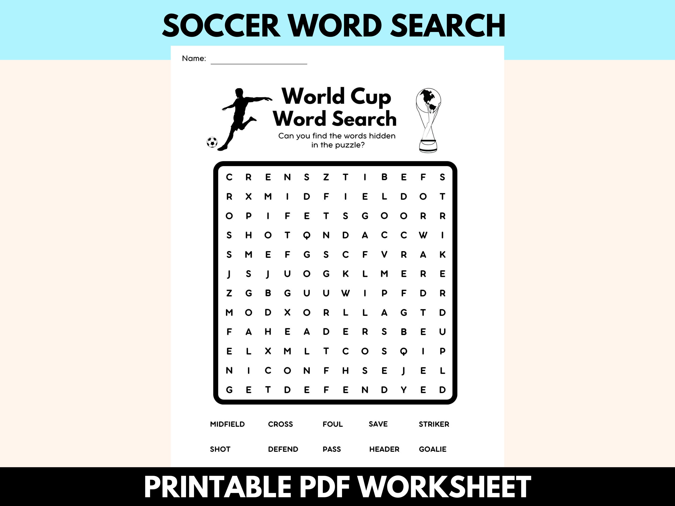 Printable soccer word search worksheet instant download activity page
