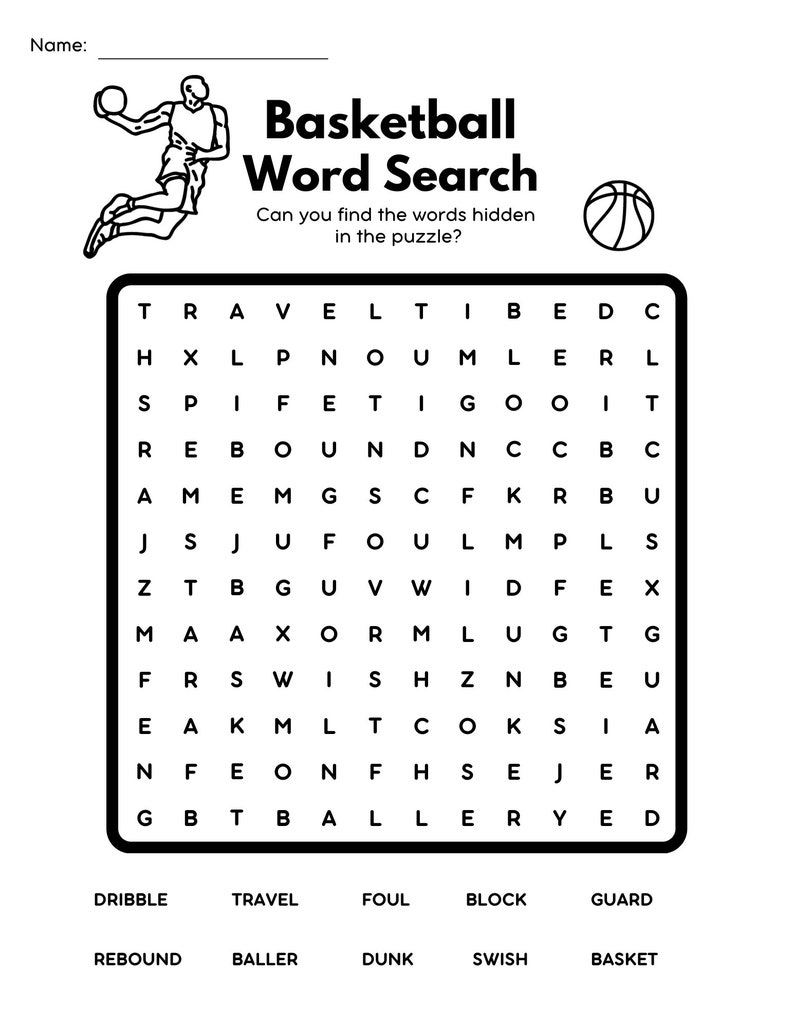 Printable Worksheet Instant Download Basketball Word Search Etsy