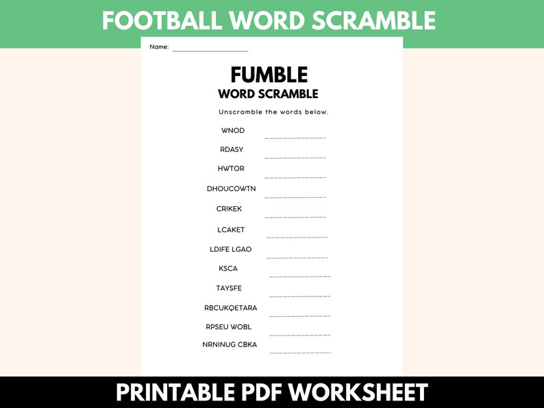Printable Football Word Scramble Worksheet Instant Download Activity