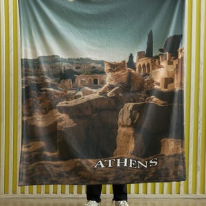 Throw Blanket, Picture Blanket, Athens, Greece, Picnic Blanket, Travel Souvenir, Housewarming, Vacation Gift, Travel Gift, Unique, Cat,
