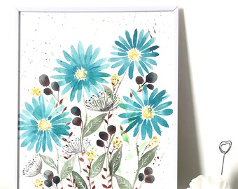 Aquarelle originale fleurs bleues