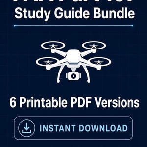 Op de afbeelding: Een digitale afbeelding voor een FAA Part 107 studiepakket met een wit drone-icoon op een donkerblauwe achtergrond met raster. De tekst luidt FAA Part 107 Study Guide Bundle, 6 Printable PDF Versions, Instant Download, Drone Pilot Exam Prep.