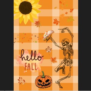 May include: A digital illustration of a skeleton dancing on a checkered orange and white background. The skeleton is holding a book and there is a pumpkin and the text "hello fall" on the image.