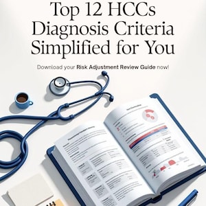 Peut inclure: Image d'un manuel médical intitulé "Top 12 HCCs Diagnosis Criteria Simplified for You". Un stéthoscope bleu, une petite tasse à café bleue, un bloc-notes et un stylo sont également présents. Le texte "ESSENTIAL RESOURCE FOR HEALTHCARE PROFESSIONALS" est en haut.
