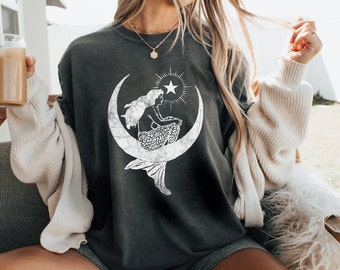 Koszula Syrenka i Księżyc Komfortowe Kolory Vintage Koszula Syrenka Mermaidcore Fairycore Mistyczny Księżyc Niebiańska Koszulka Gwiazda Księżyc T-shirt