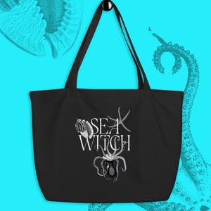 May include: Black tote bag with white text that reads "SEA WITCH" and a graphic of an octopus, a seashell, and a starfish.