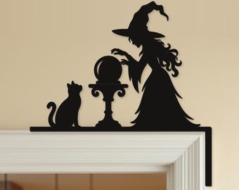 Halloween Door Decor Witch with Crystal Ball | Black Spooky Decoration (20x20cm)