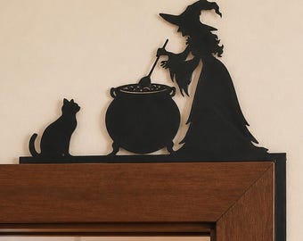 3D Printed Witch, Cauldron & Cat Door Topper | Black Halloween Spooky Decor