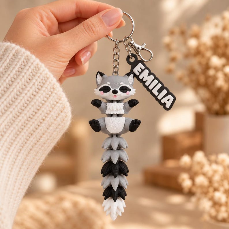 May include: A gray and white raccoon keychain featuring a long, articulated, striped tail and a small black rectangular tag with the name EMILIA printed in white capital letters, attached to a silver metal split ring and a lobster clasp.