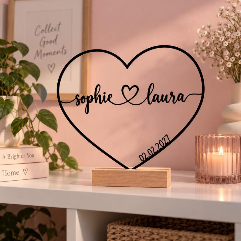 Personalised Heart Ornament | Two Names and Date | 3D Printed Gift for Couples image 1
