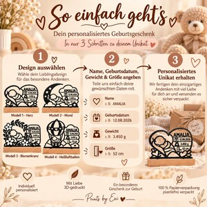 Gepersonaliseerd geboortecadeau – Geboortesouvenir met beukenhouten standaard | 3D geprint babycadeau | Cadeau geboorte & doop afbeelding 7