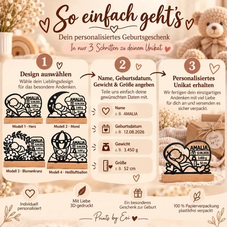 Gepersonaliseerd geboortecadeau – Geboortesouvenir met beukenhouten standaard | 3D geprint babycadeau | Cadeau geboorte & doop afbeelding 7