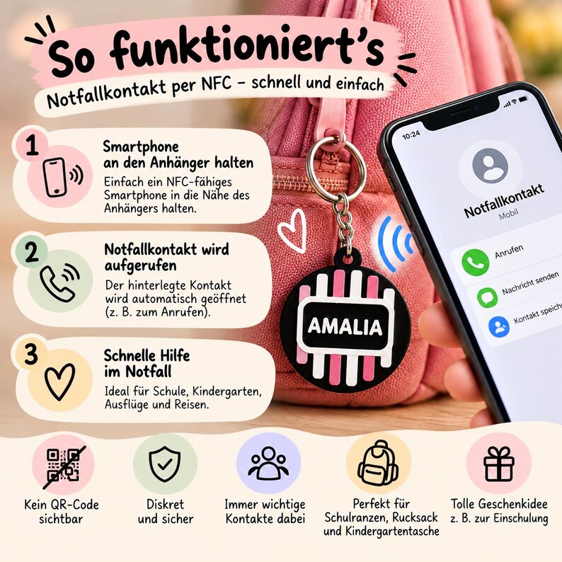 Gepersonaliseerde NFC-noodtag | Naam op maat voor schooltassen en rugzakken afbeelding 7