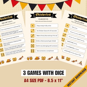May include: Three printable game cards with dice for an Oktoberfest party. The cards are yellow with black text and feature different game ideas like "Truth Villa", "Daredevil", and "Crazy Dice".