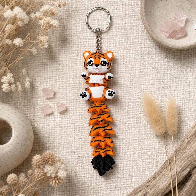 Tiger Keychain Movable | 3D Print Flexi Figure Orange Black | Gift for Animal Lovers image 3