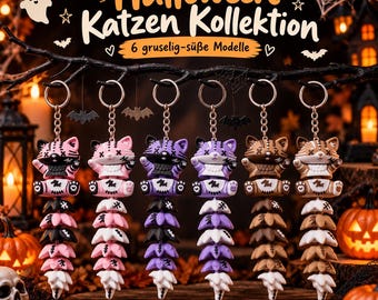 Halloween Katze Schlüsselanhänger | Bewegliche Flexi Katze mit Fledermaus-Anhänger