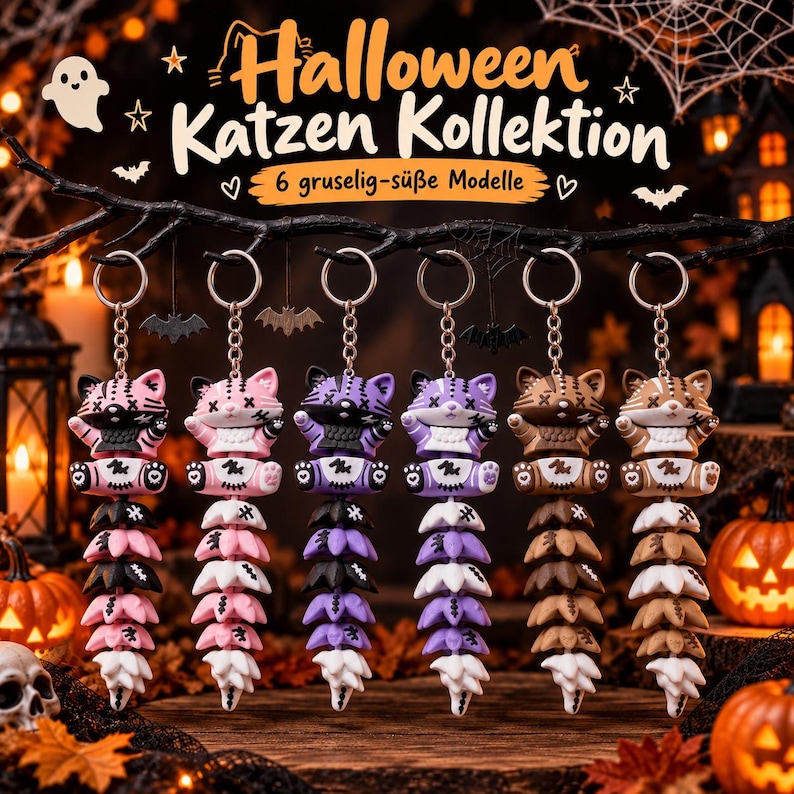 Halloween Katze Schlüsselanhänger | Bewegliche Flexi Katze mit Fledermaus-Anhänger image 1