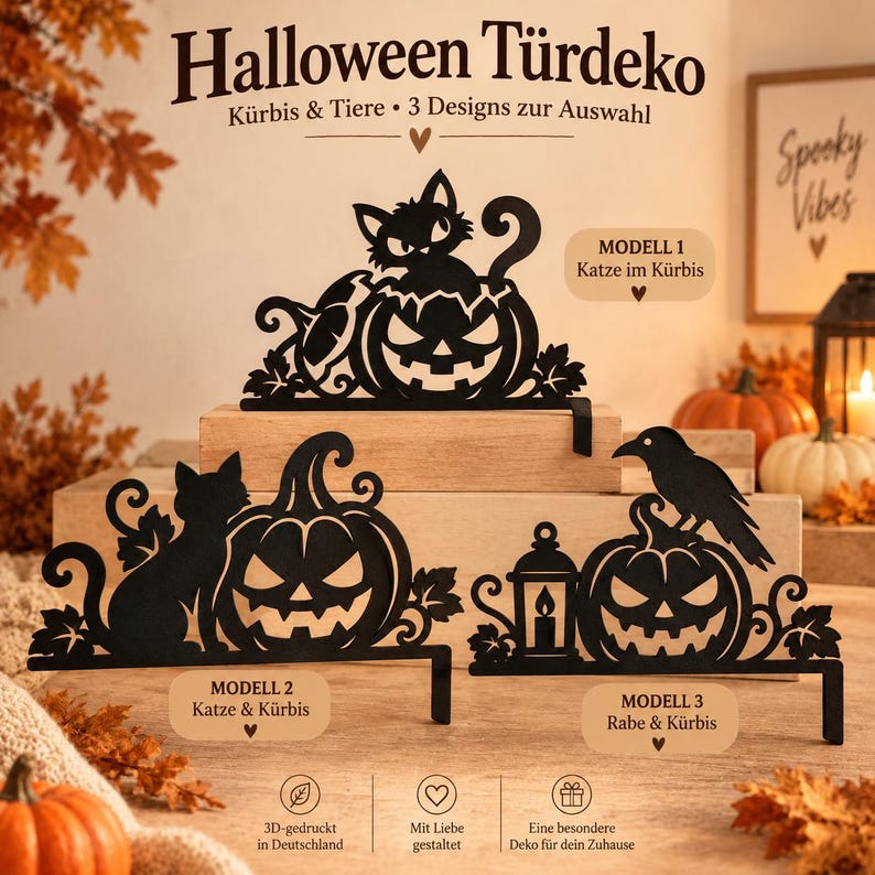 Calabaza, Gato & Cuervo Halloween para Puerta | 3 Modelos | Impreso en 3D imagen 1