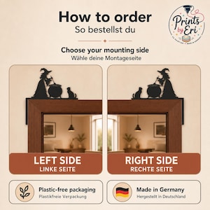 May include: A black silhouette door corner decoration featuring a witch stirring a cauldron with a cat. The text reads How to order, Choose your mounting side, LEFT SIDE, RIGHT SIDE, Plastic-free packaging, Made in Germany, and Prints by Eri.