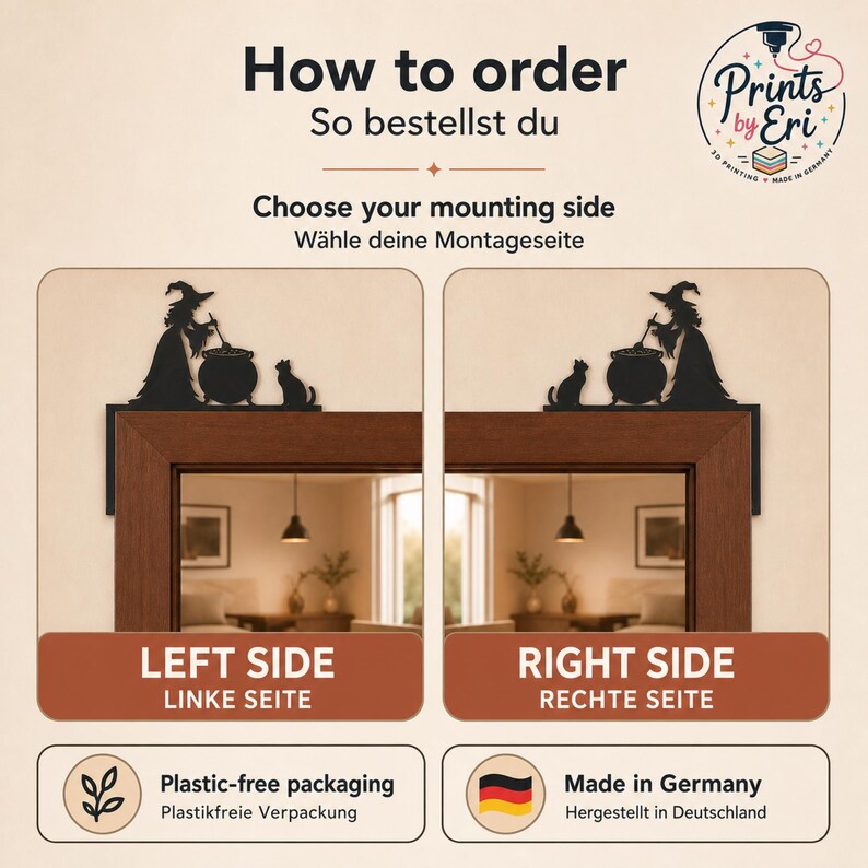 May include: A black silhouette door corner decoration featuring a witch stirring a cauldron with a cat. The text reads How to order, Choose your mounting side, LEFT SIDE, RIGHT SIDE, Plastic-free packaging, Made in Germany, and Prints by Eri.
