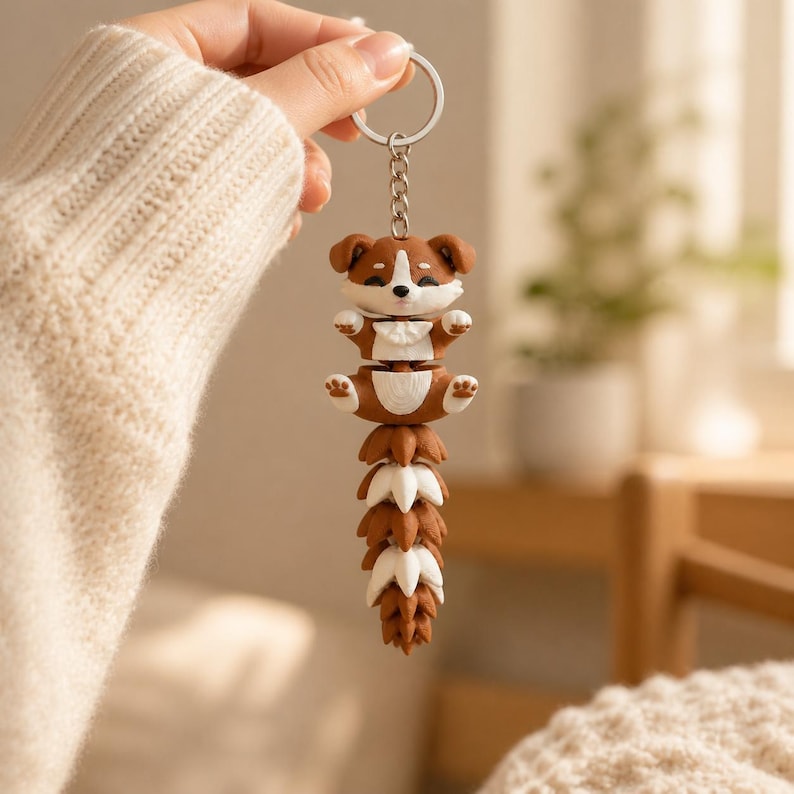 Corgi Puppy Keychain Movable | 3D Print Flexi Dog with Fluffy Tail | Gift for Dog Lovers image 2