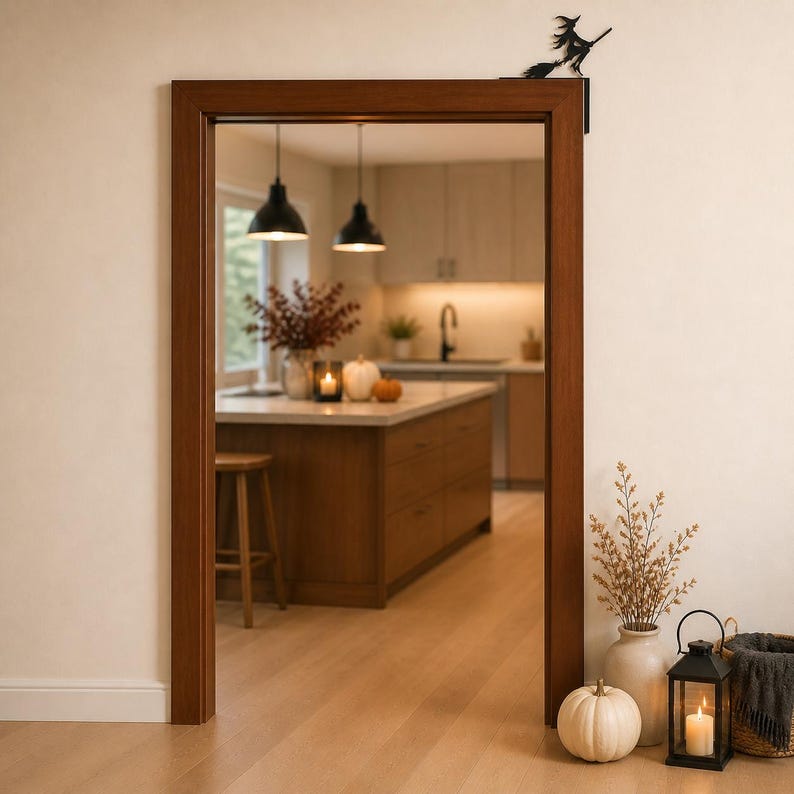 May include: A black metal silhouette of a witch riding a broomstick, designed to be mounted on the top corner of a door frame. The figure features a pointed hat, flowing hair, and a cape, positioned as if flying across the top of the wooden doorway.