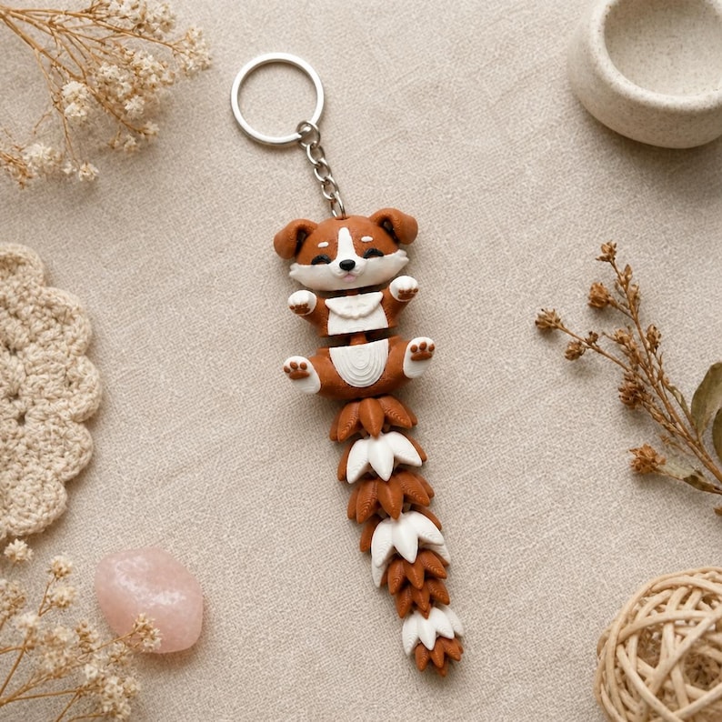 Corgi Puppy Keychain Movable | 3D Print Flexi Dog with Fluffy Tail | Gift for Dog Lovers image 3