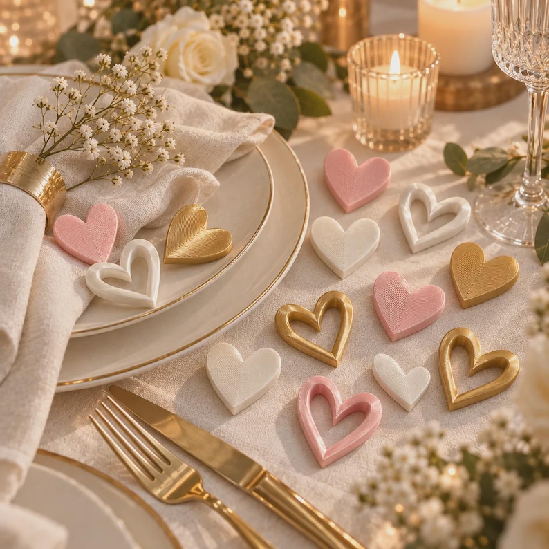 May include: A collection of small heart-shaped decorations in shades of pink, white, and gold. Some hearts are solid, while others are open-frame designs. These items are scattered across a table setting featuring plates, a napkin, and cutlery.