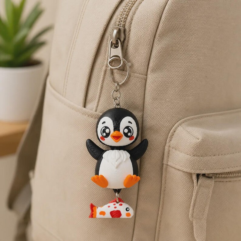 Penguin Keychain Kawaii | 3D Print Flexi Figure with Fish Pendant | Gift for Animal Lovers image 6