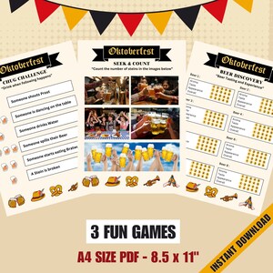 May include: Three printable game cards for an Oktoberfest party. The first card has a "Chug Challenge" game with a list of actions to drink to. The second card has a "Seek & Count" game with four images of people holding beer steins. The third card has a "Beer Discovery" game with a beer tasting scorecard.