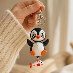 Penguin Keychain Kawaii | 3D Print Flexi Figure with Fish Pendant | Gift for Animal Lovers image 2