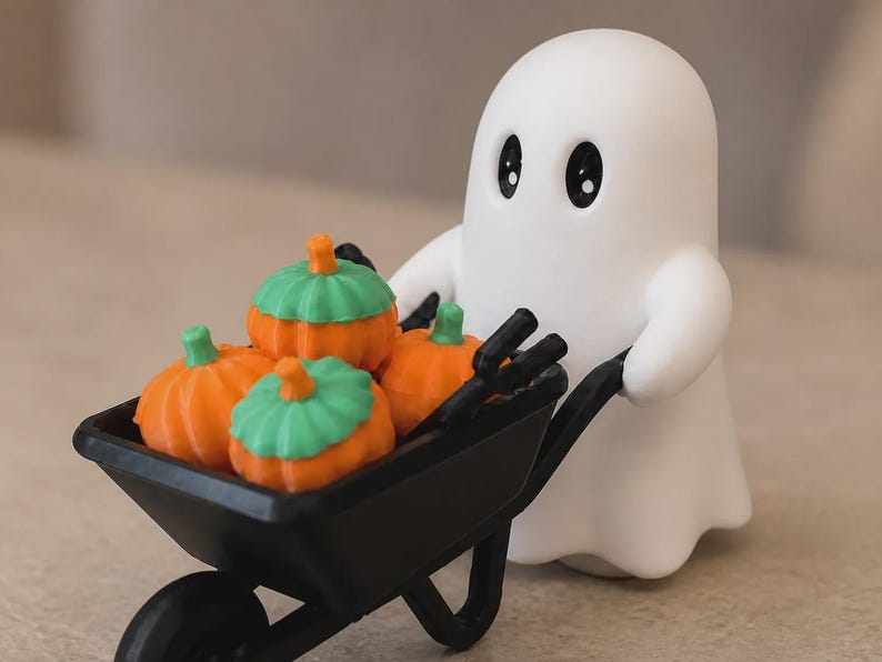 Ghost Halloween Decor | Spooky Wheelbarrow with Pumpkins image 2